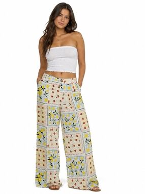 Tullea Sunny Citrus Strawberry Wide Leg Linen Blend Pants Cottagecore Coastal S